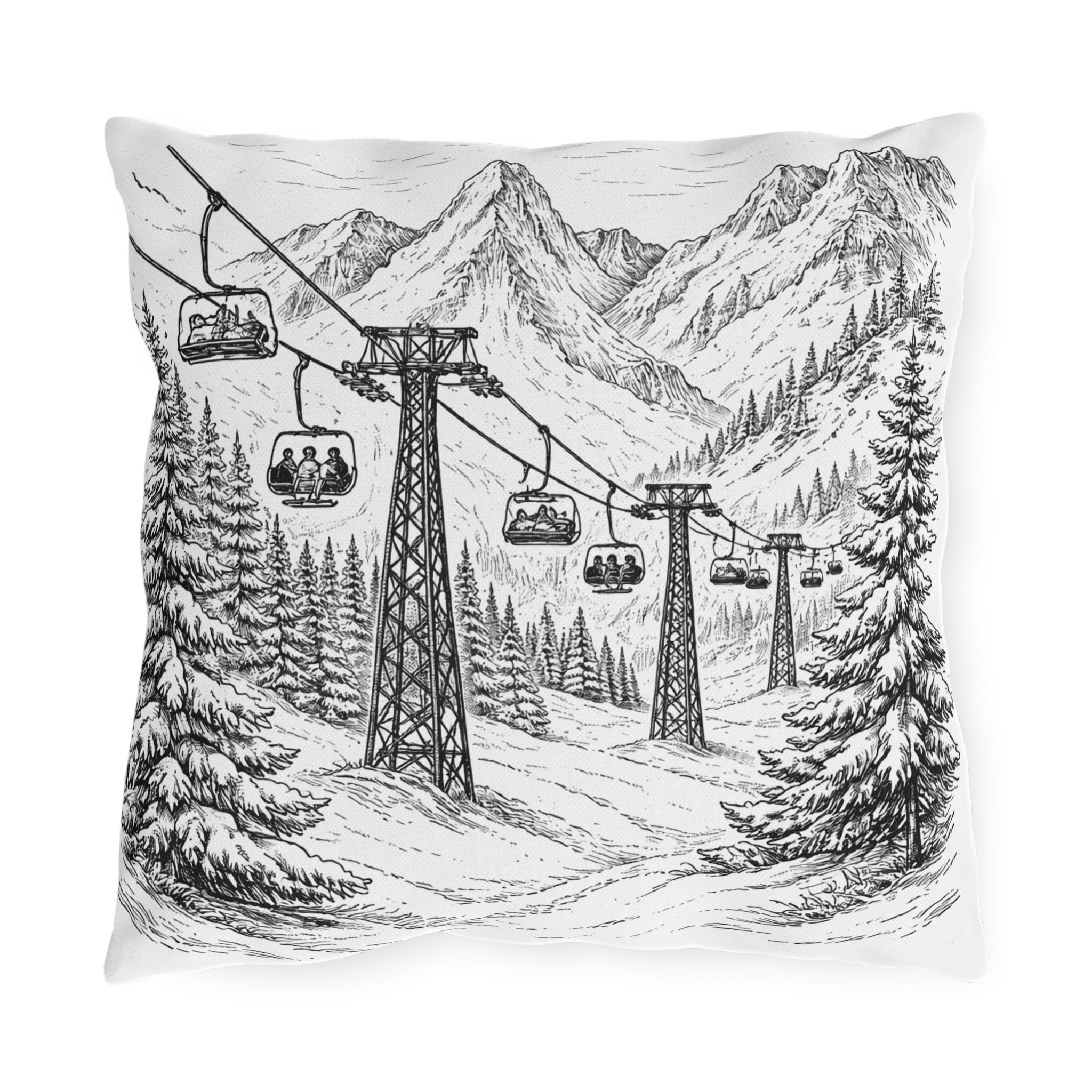 Chairlift Dreams Outdoor Pillow | Alpine Ski Lift + Mountain Sketch Throw Pillow (UV + Water Resistant)