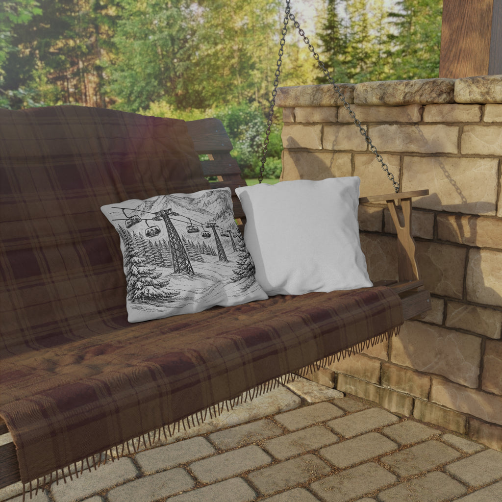 Chairlift Dreams Outdoor Pillow | Alpine Ski Lift + Mountain Sketch Throw Pillow (UV + Water Resistant)
