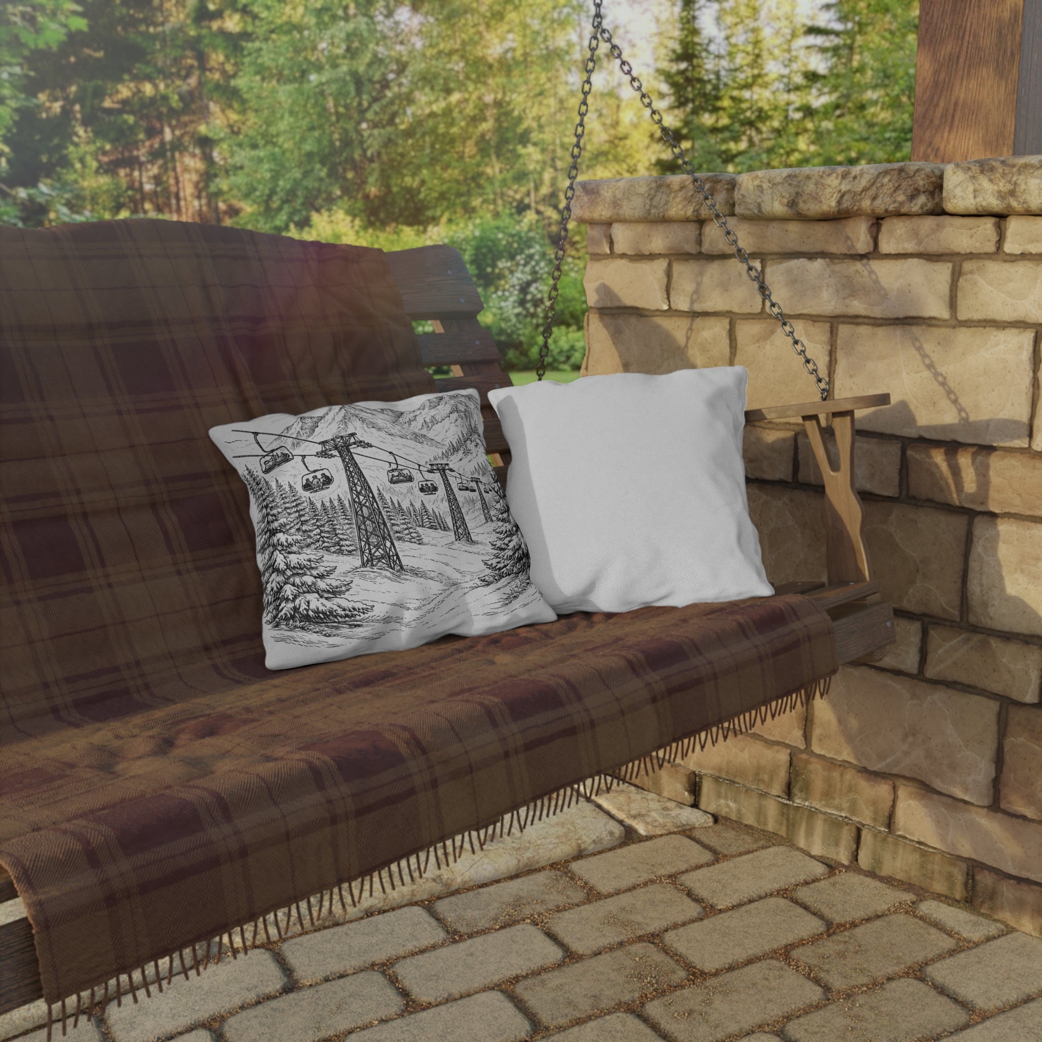 Chairlift Dreams Outdoor Pillow | Alpine Ski Lift + Mountain Sketch Throw Pillow (UV + Water Resistant)