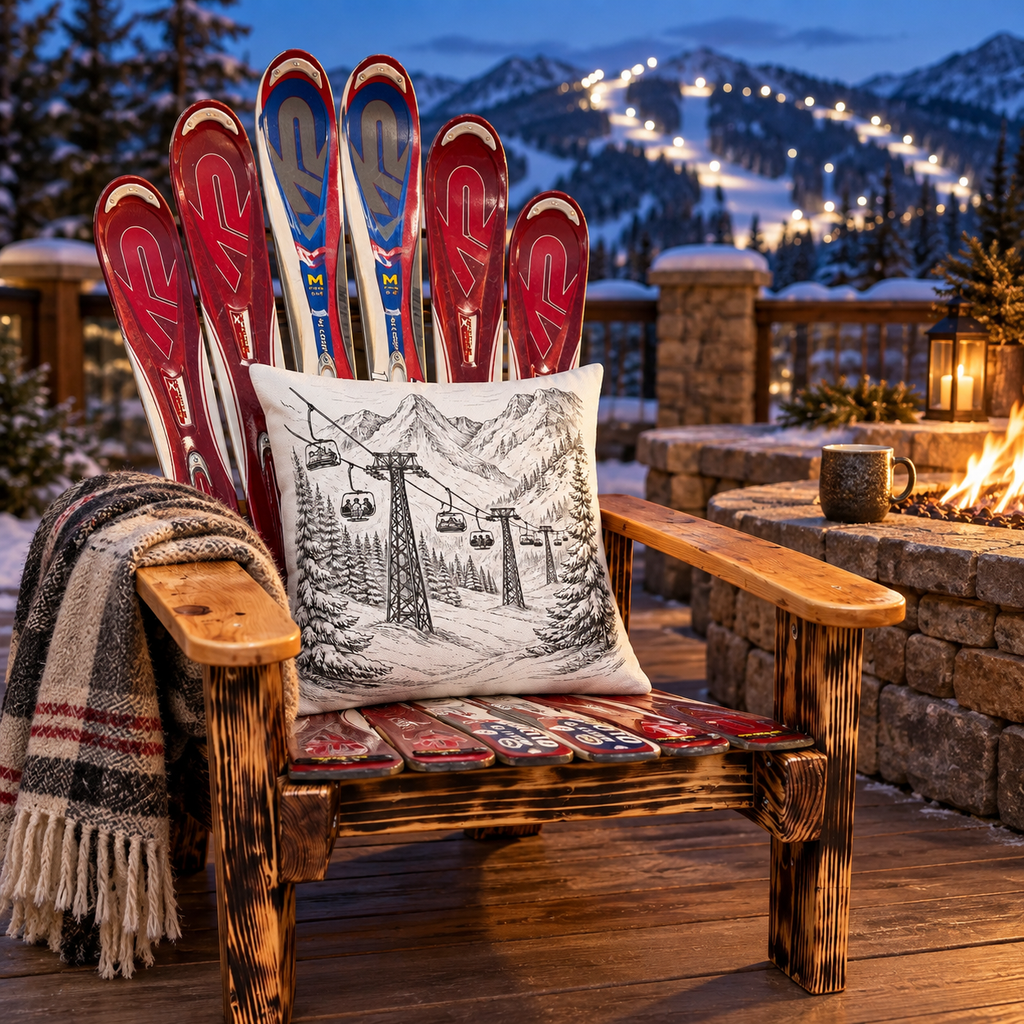 Chairlift Dreams Outdoor Pillow | Alpine Ski Lift + Mountain Sketch Throw Pillow (UV + Water Resistant)