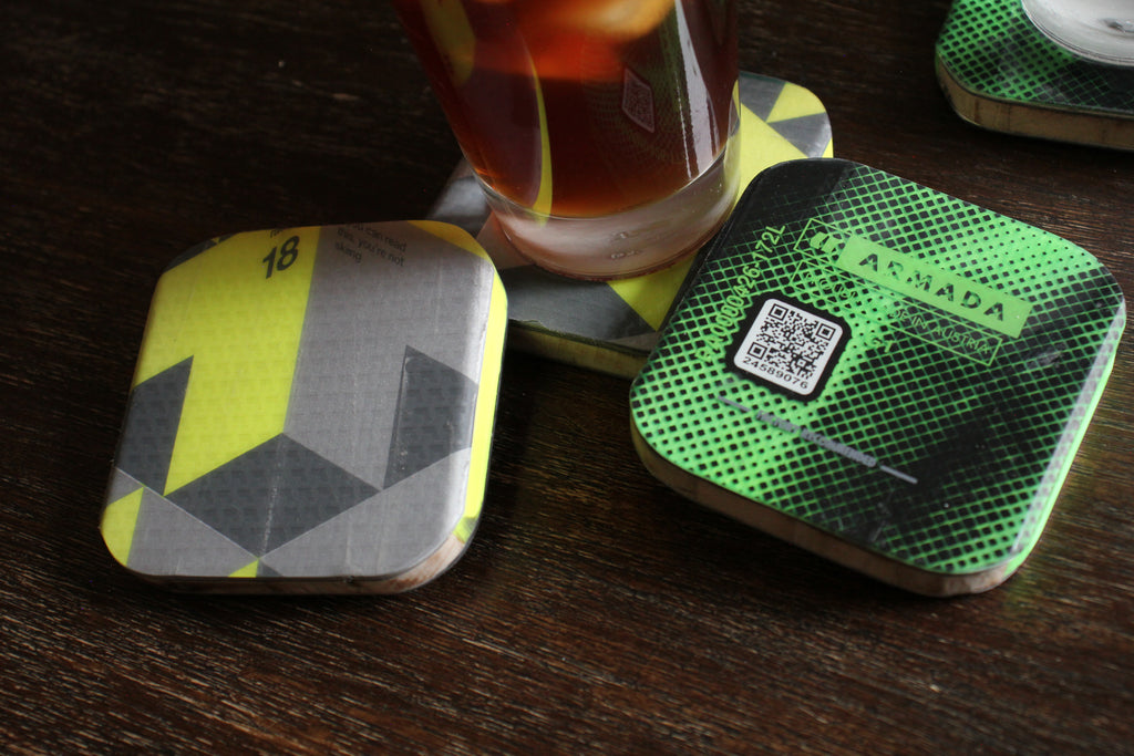 Set of 4 Upcycled Ski Drink Coasters | Handmade 3.5" All-Mountain Ski Coasters with Cork Backing