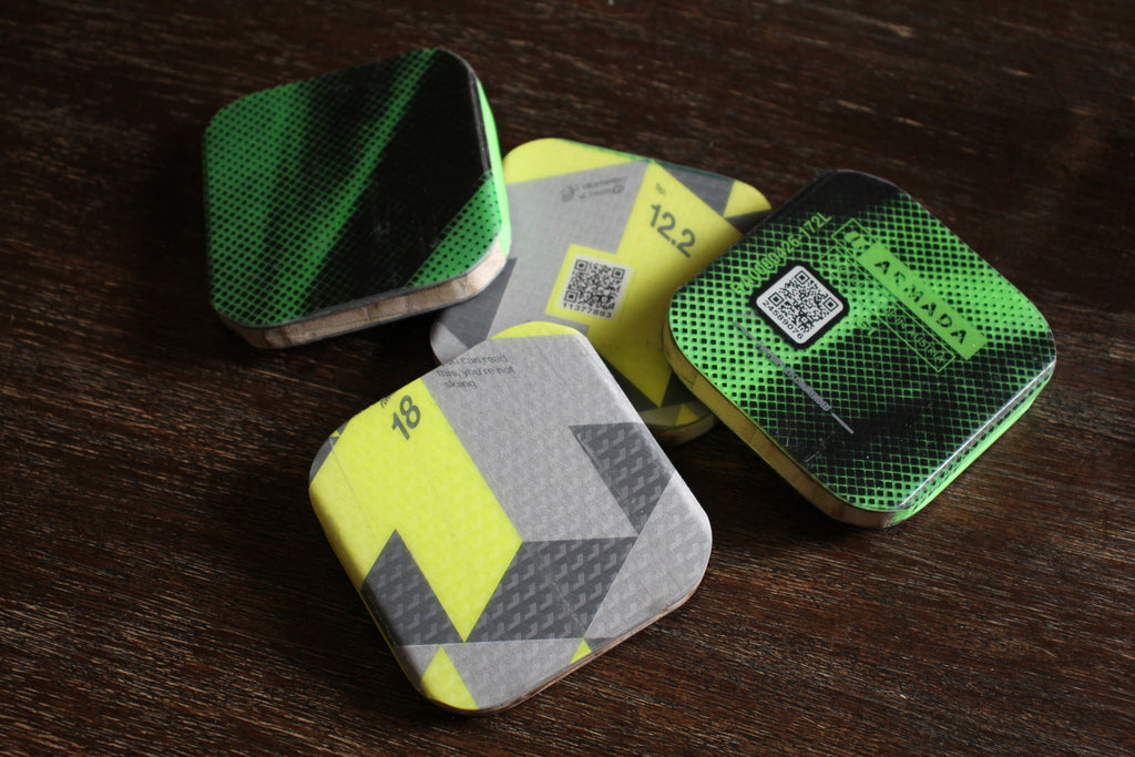 Set of 4 Upcycled Ski Drink Coasters | Handmade 3.5" All-Mountain Ski Coasters with Cork Backing