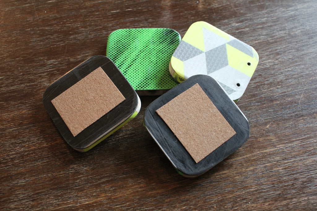 Set of 4 Upcycled Ski Drink Coasters | Handmade 3.5" All-Mountain Ski Coasters with Cork Backing