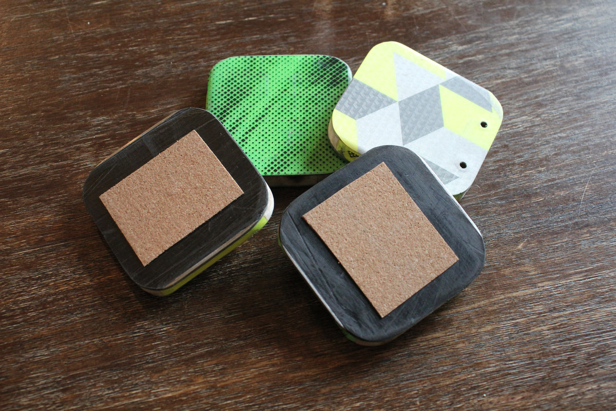 Set of 4 Upcycled Ski Drink Coasters | Handmade 3.5" All-Mountain Ski Coasters with Cork Backing