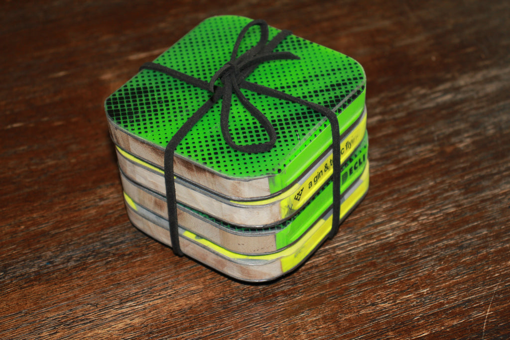 Set of 4 Upcycled Ski Drink Coasters | Handmade 3.5" All-Mountain Ski Coasters with Cork Backing