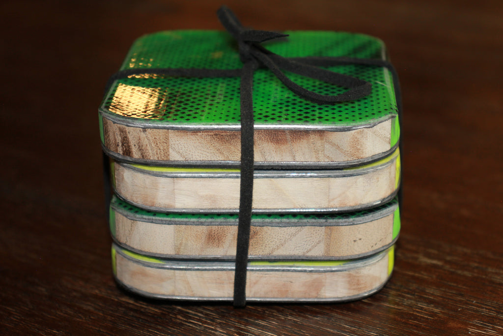 Set of 4 Upcycled Ski Drink Coasters | Handmade 3.5" All-Mountain Ski Coasters with Cork Backing