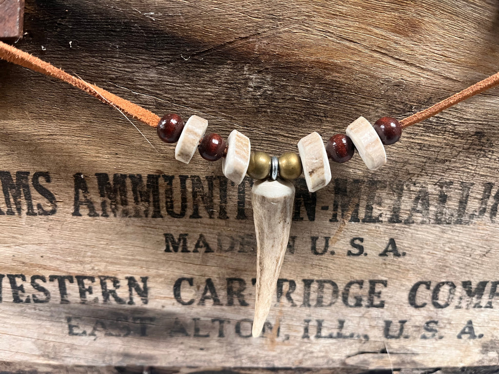 Whitetail Shed Antler Tine Necklace | Antler, Brass & Wood on Leather
