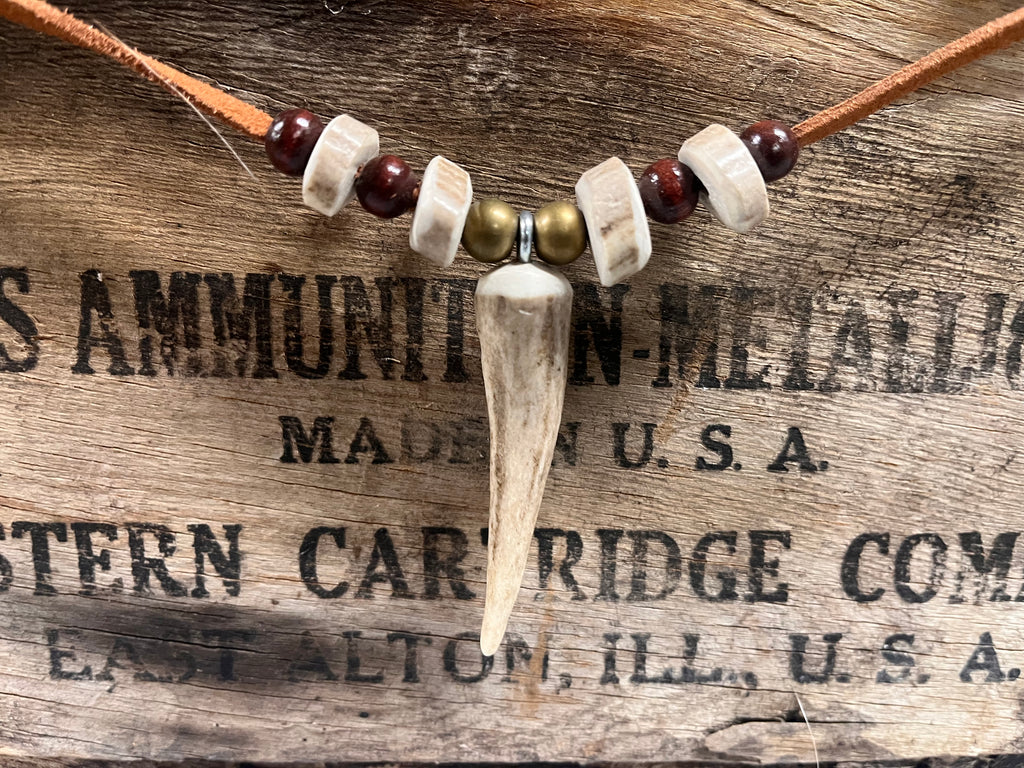 Whitetail Shed Antler Tine Necklace | Antler, Brass & Wood on Leather