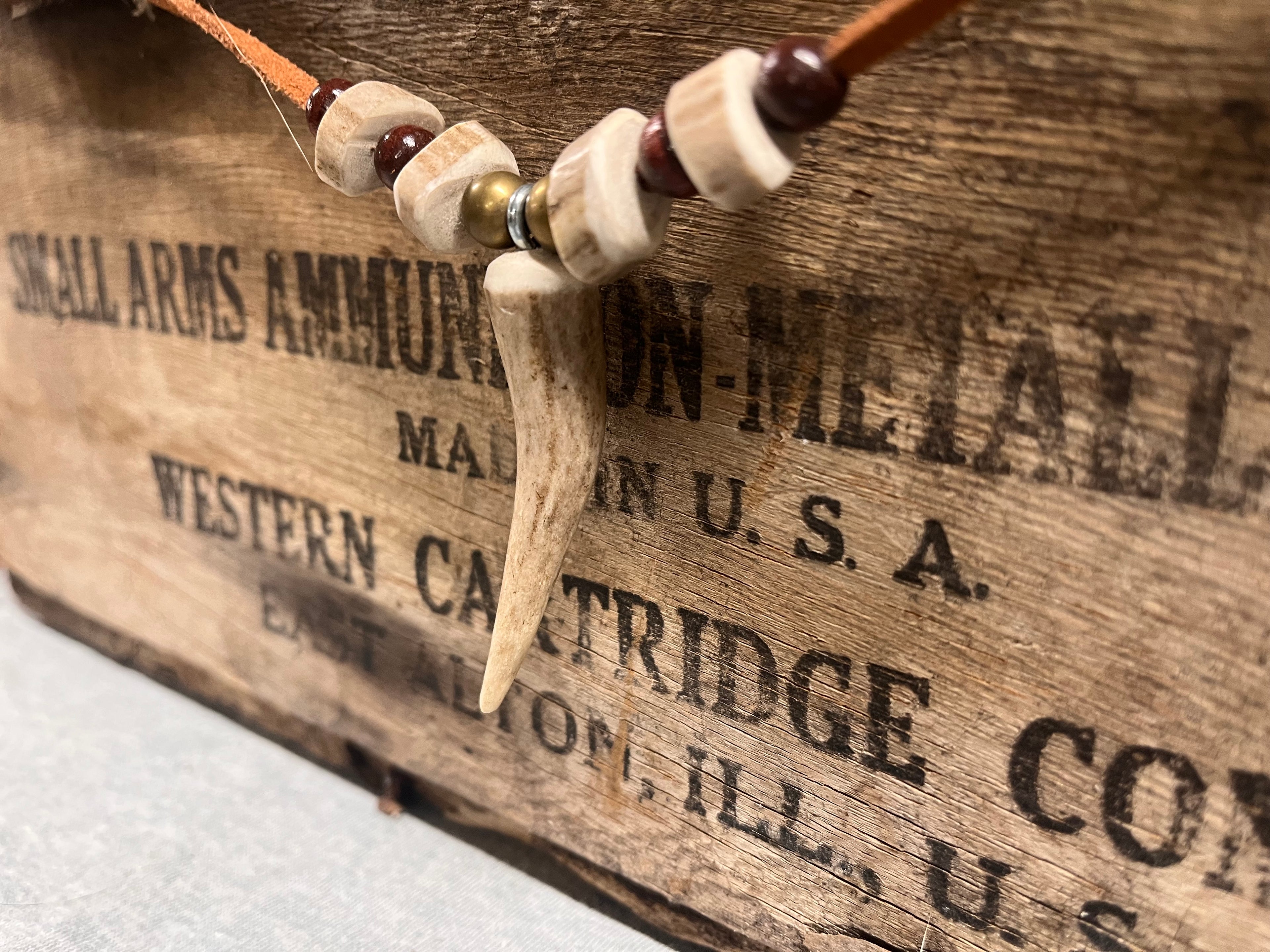 Whitetail Shed Antler Tine Necklace | Antler, Brass & Wood on Leather