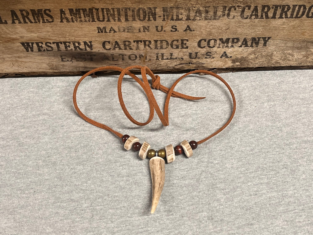 Whitetail Shed Antler Tine Necklace | Antler, Brass & Wood on Leather