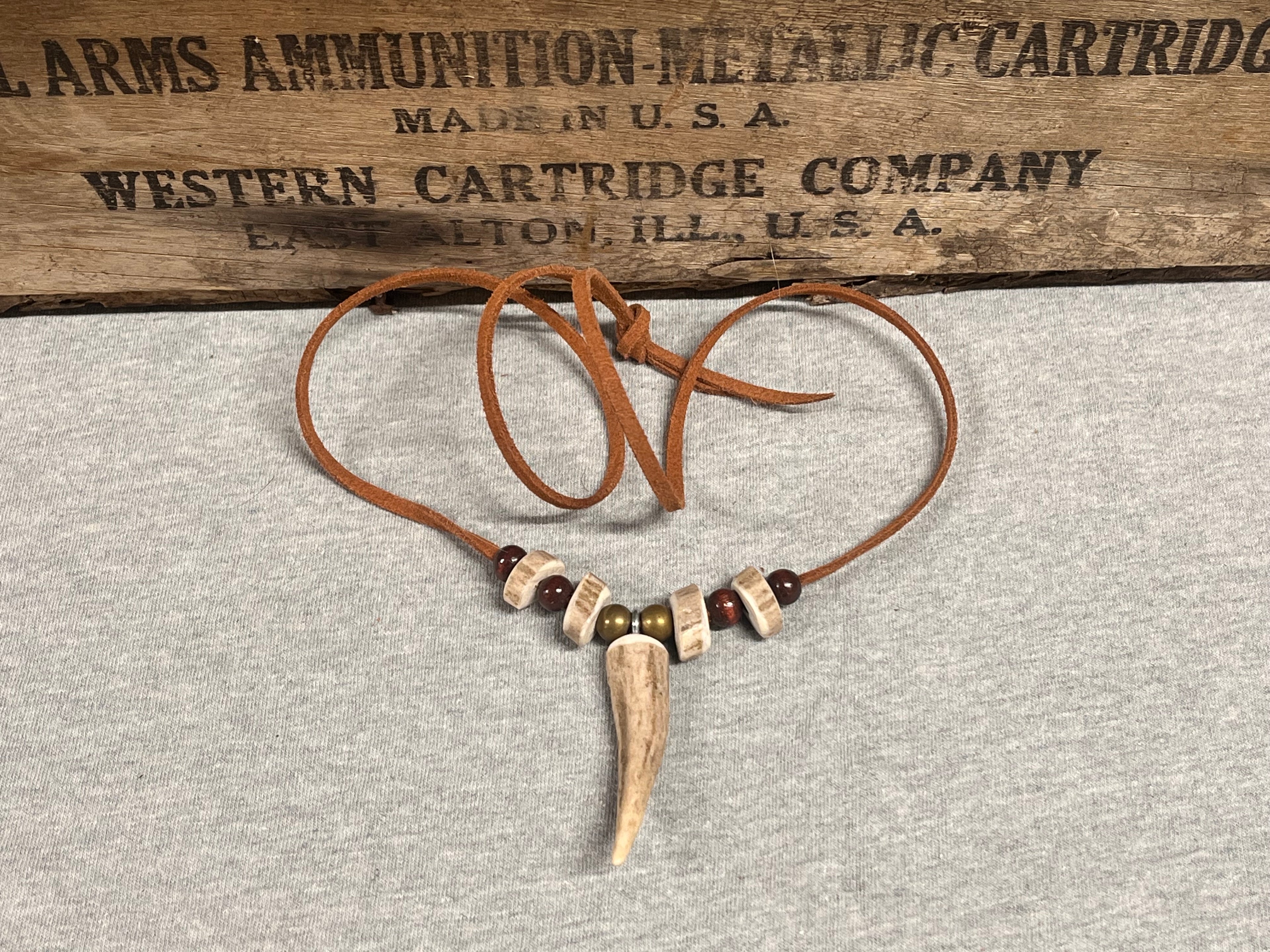 Whitetail Shed Antler Tine Necklace | Antler, Brass & Wood on Leather