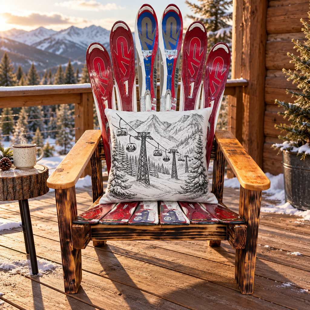 Chairlift Dreams Outdoor Pillow | Alpine Ski Lift + Mountain Sketch Throw Pillow (UV + Water Resistant)