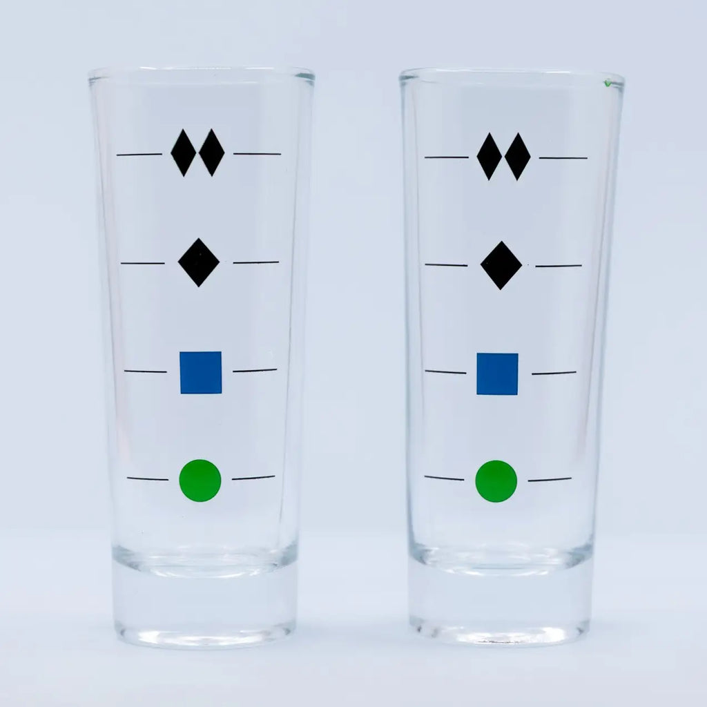 Ski Trail Rating Shot Glasses - set of 2 clear glasses with trail difficulty symbols